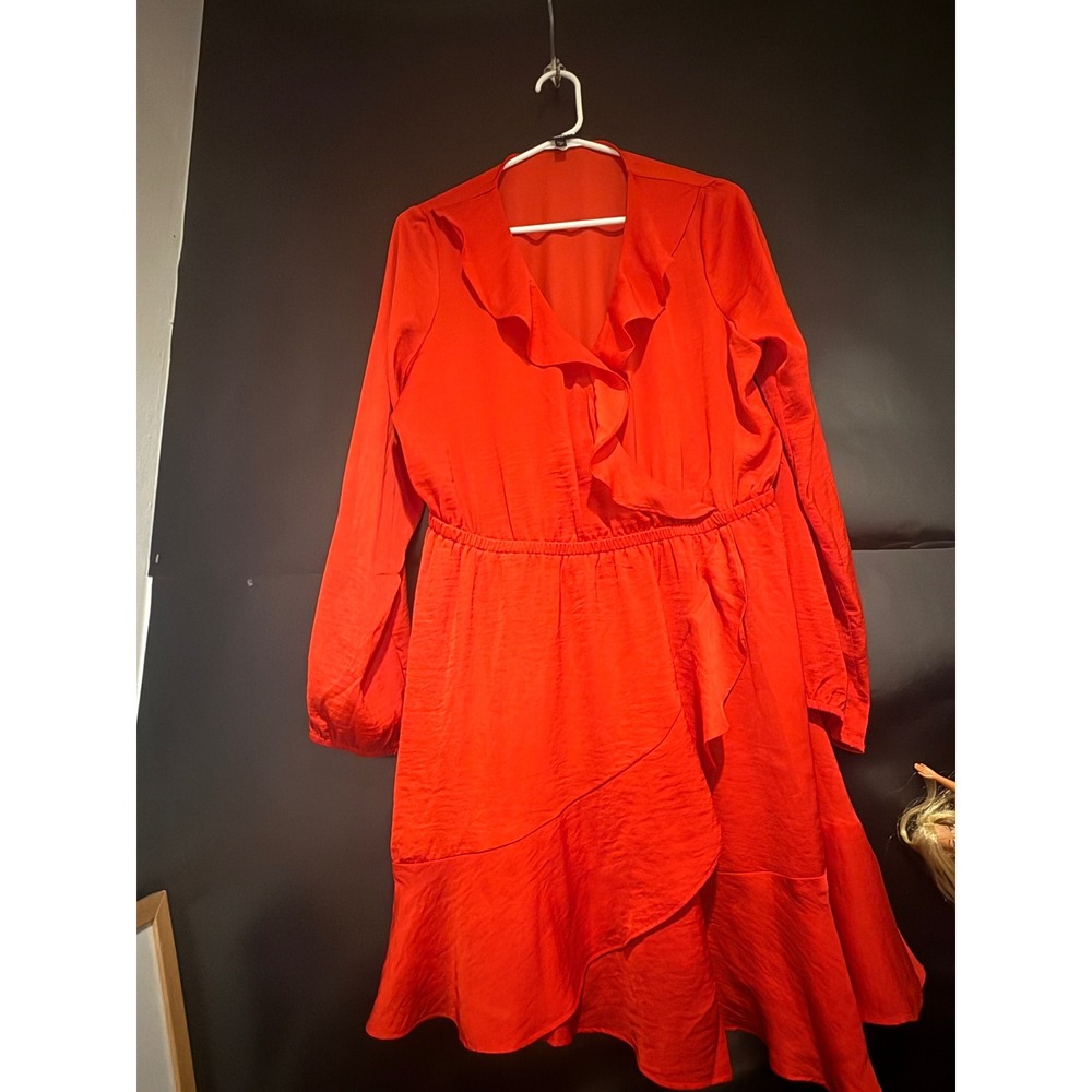 Express Red Ruffle Wrap Mini Dress Long Sleeve Satin Texture V-Neck Size Large